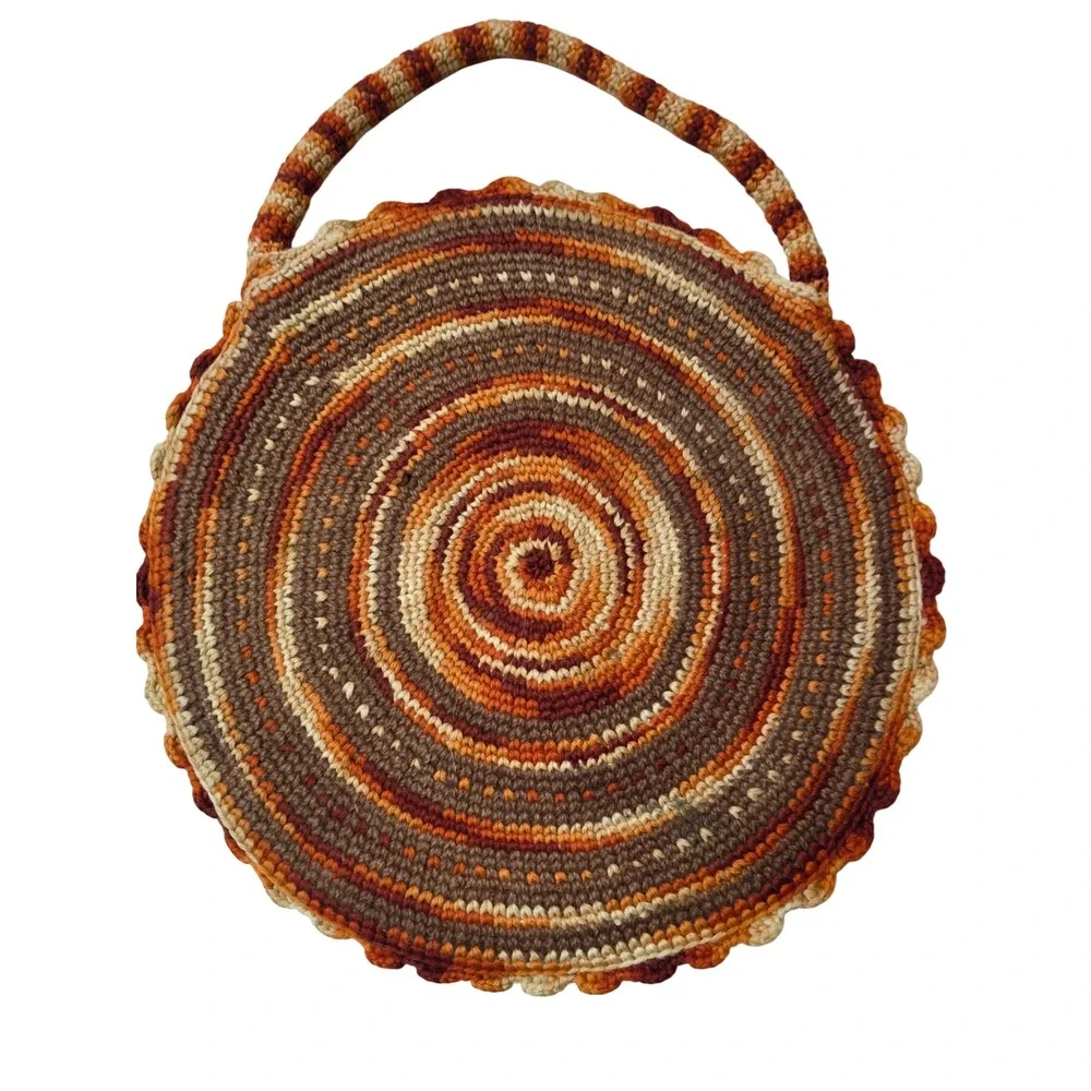 Vintage Handmade Crochet Circle Bag Orange Brown Spiral Round Tote Boho Lined G1